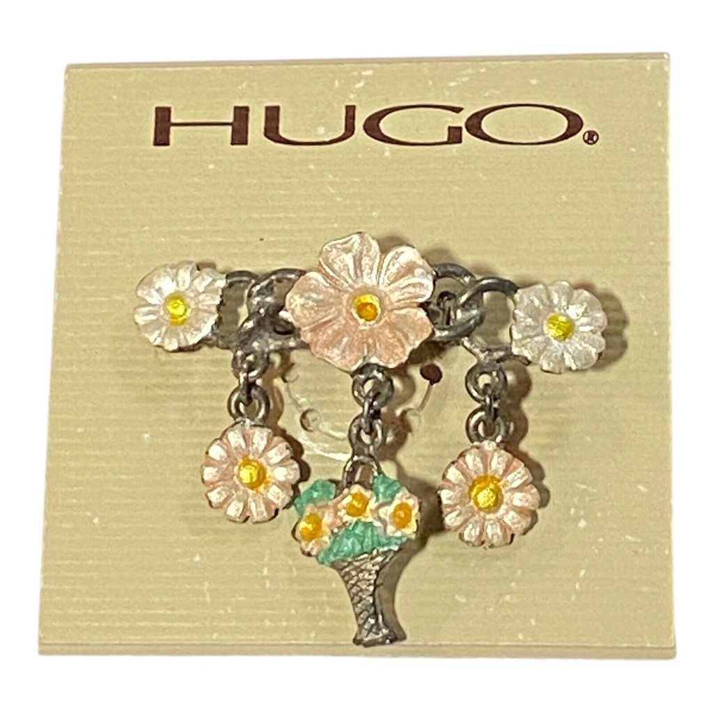 Hugo Art Nouveau Brooch Floral With Dangling Bouquet Charms Silver Pearl Paint